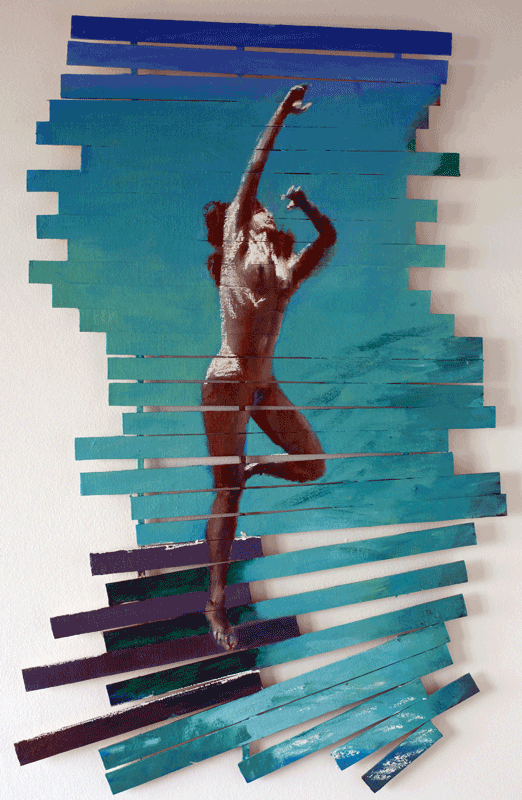 Jumping woman into green-blue sea cut into fragments